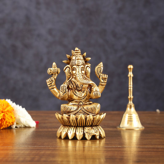 Pure Brass Lotus Ganesha Superfine Idol - 4" Height