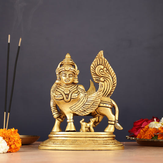 Brass Handcrafted Kamdhenu Cow with Calf Idol - Enhanced carvings 6"