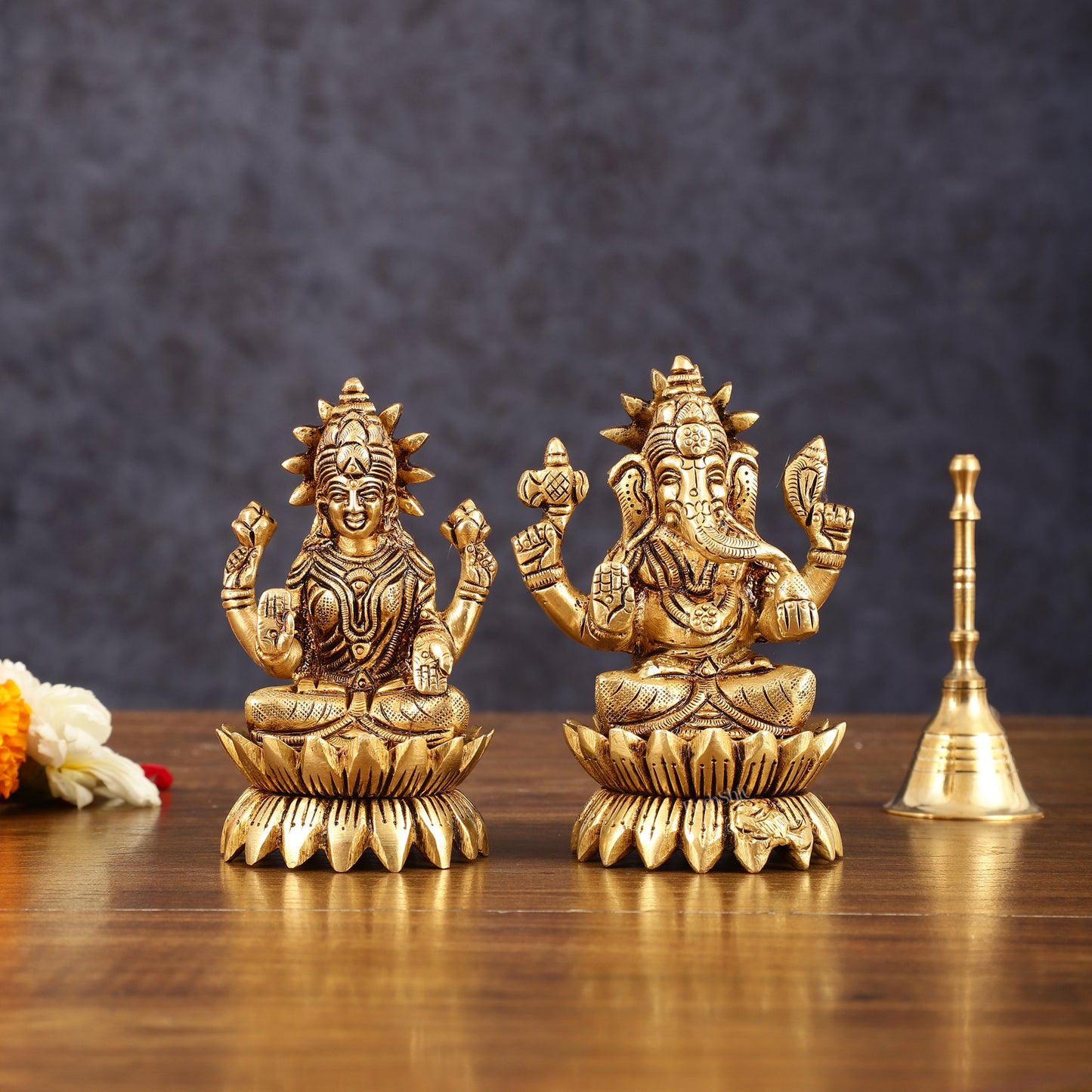 Pure Brass Lotus Ganesha Lakshmi Superfine Idols - 4" Height