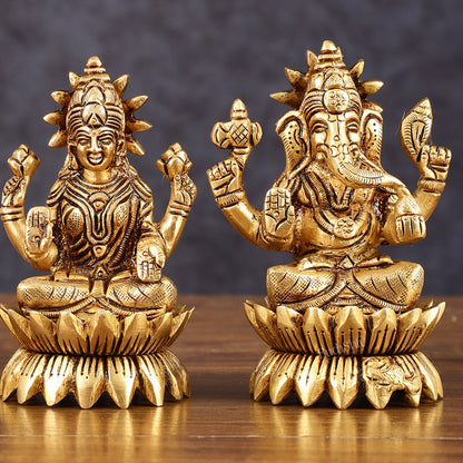 Pure Brass Lotus Ganesha Lakshmi Superfine Idols - 4" Height