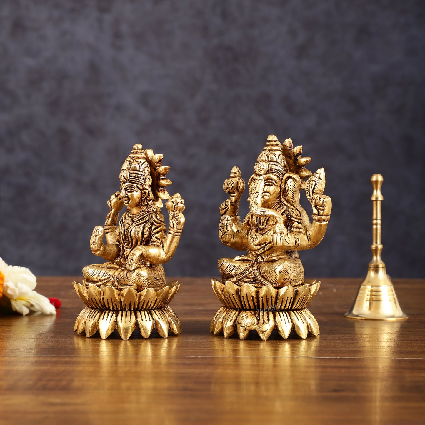 Pure Brass Lotus Ganesha Lakshmi Superfine Idols - 4" Height