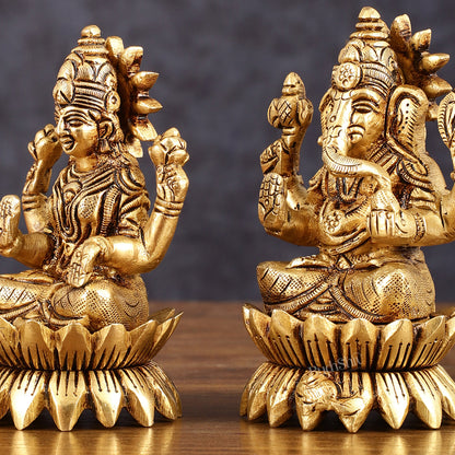 Pure Brass Lotus Ganesha Lakshmi Superfine Idols - 4" Height