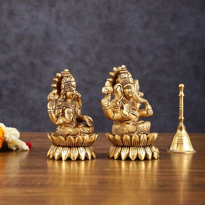 Pure Brass Lotus Ganesha Lakshmi Superfine Idols - 4" Height