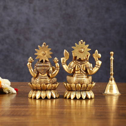 Pure Brass Lotus Ganesha Lakshmi Superfine Idols - 4" Height