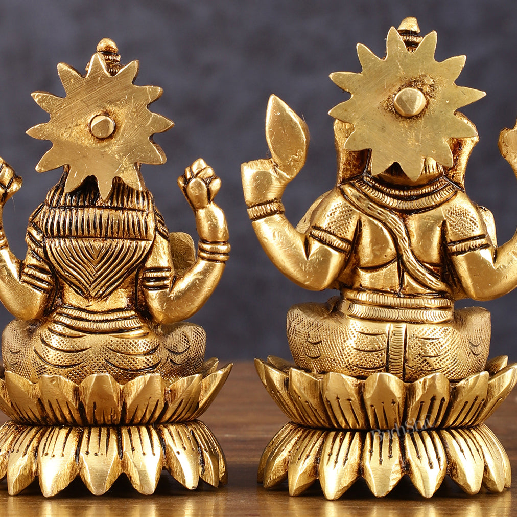 Pure Brass Lotus Ganesha Lakshmi Superfine Idols - 4" Height