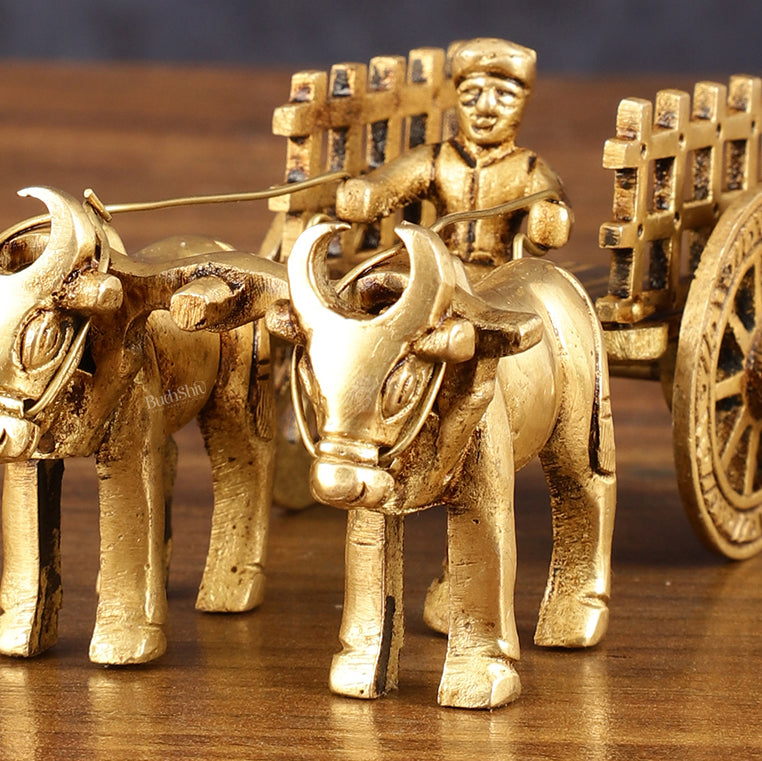 Pure Brass Bullock Cart Showpiece with Indian villager - 2" Height