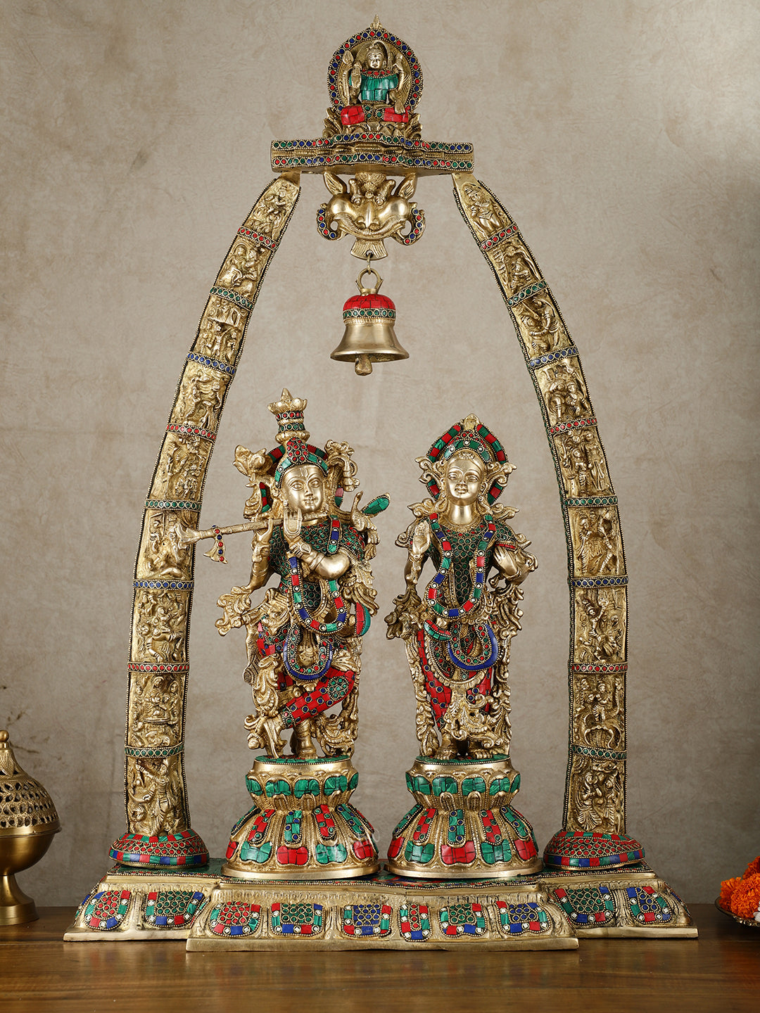 Radha Krishna Idols with Temple Arch Frame - Brass Superfine, Meenakari Stonework, 35"