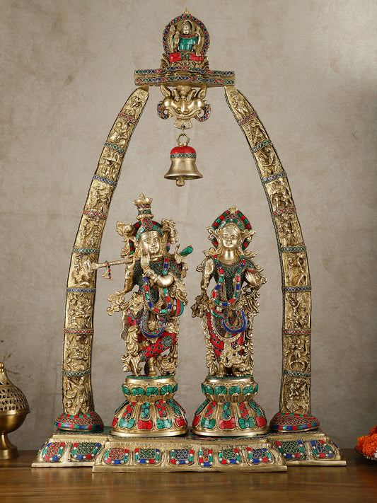 Radha Krishna Idols with Temple Arch Frame - Brass Superfine, Meenakari Stonework, 35"