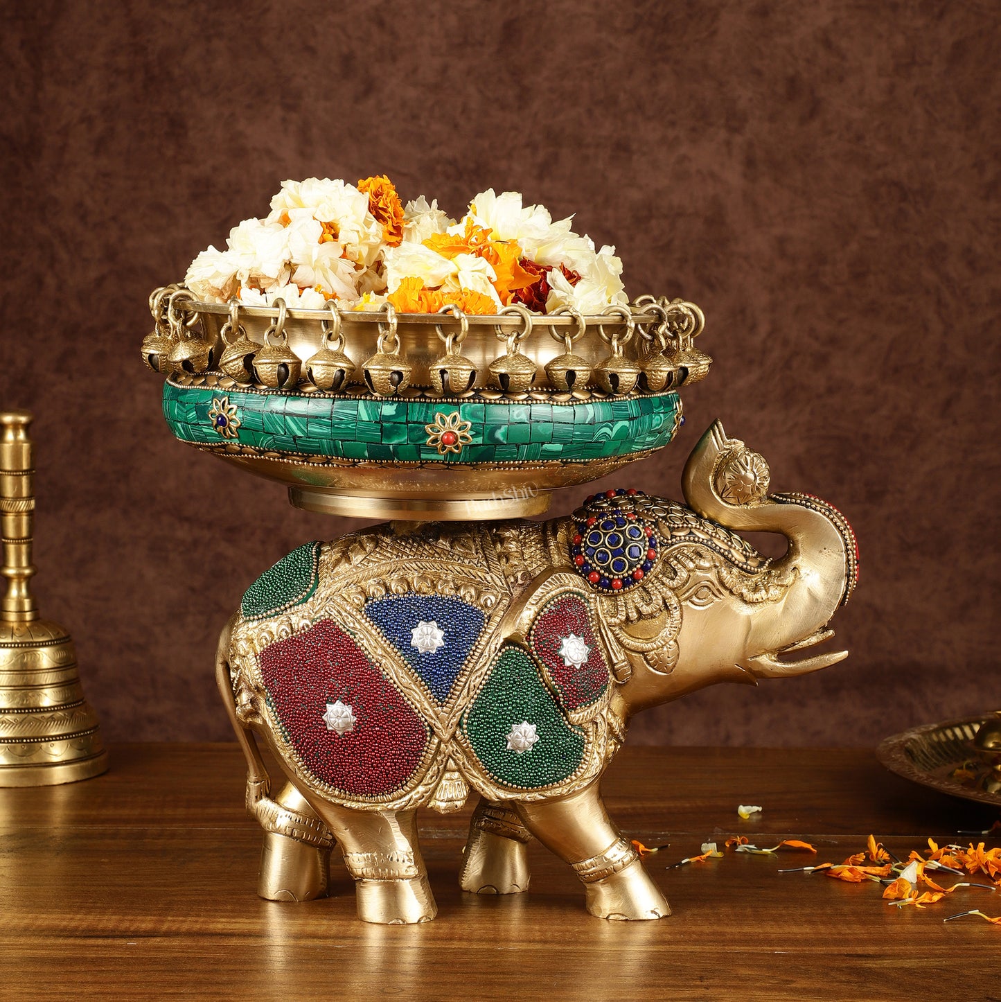 Pure Brass Large Elephant Urli with Meenakari Work | Height: 9.5 inch