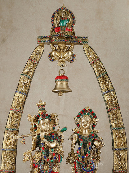 Radha Krishna Idols with Temple Arch Frame - Brass Superfine, Meenakari Stonework, 35"