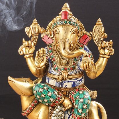 Exquisite Brass Ganesha on Mouse Idol with Meenakari | 10"