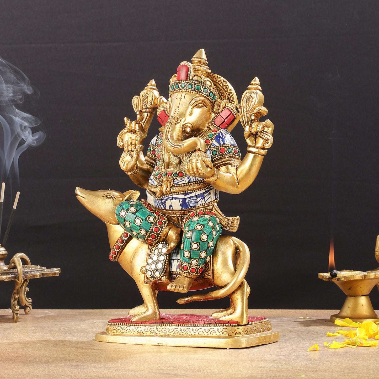 Exquisite Brass Ganesha on Mouse Idol with Meenakari | 10"