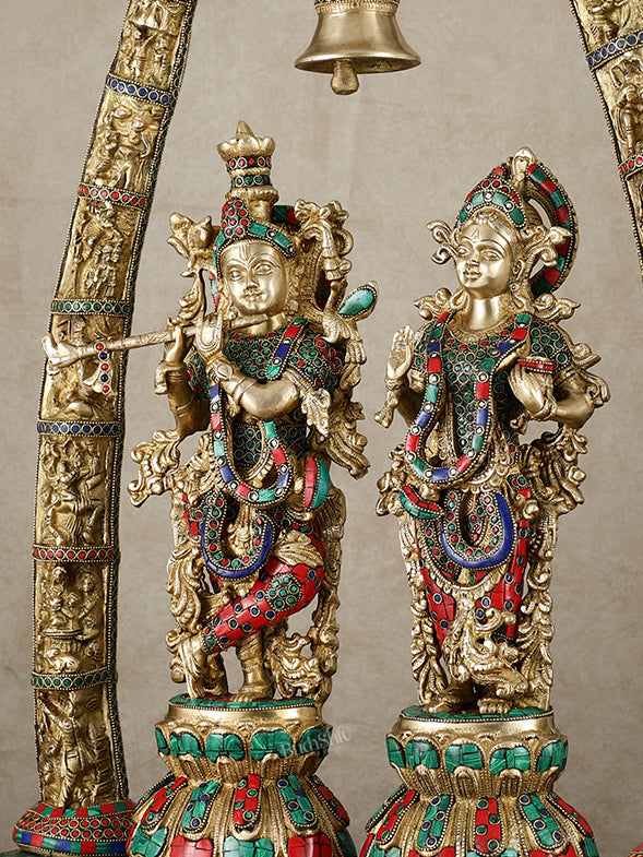 Radha Krishna Idols with Temple Arch Frame - Brass Superfine, Meenakari Stonework, 35"