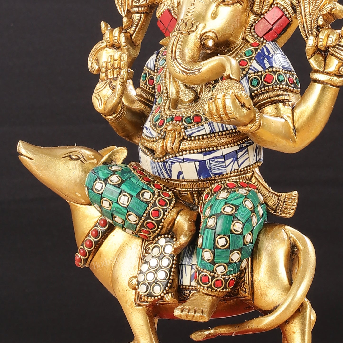 Exquisite Brass Ganesha on Mouse Idol with Meenakari | 10"