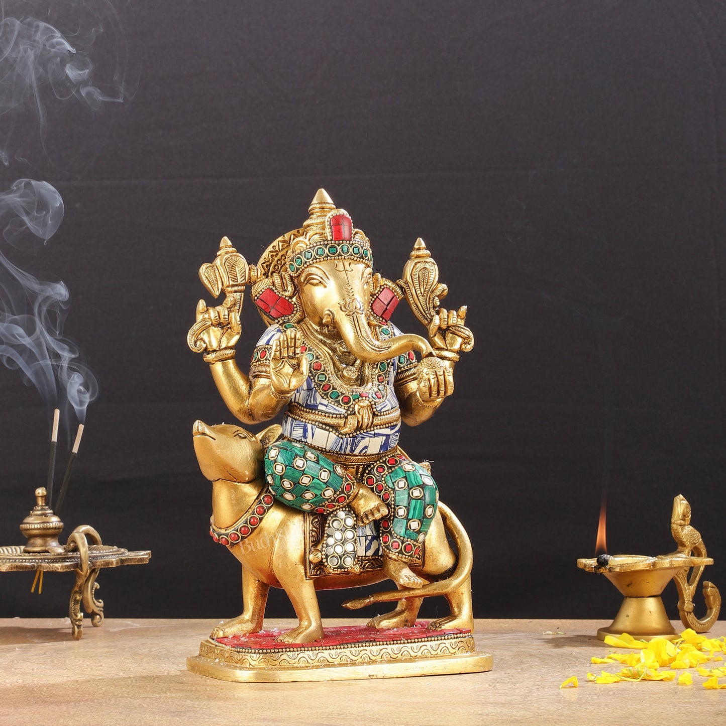 Exquisite Brass Ganesha on Mouse Idol with Meenakari | 10"