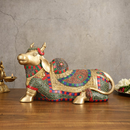 Brass beautiful Nandi Statue with Stonework - 15 inch