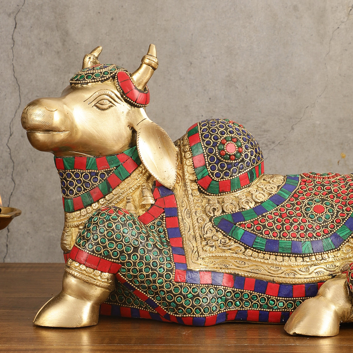 Brass beautiful Nandi Statue with Stonework - 15 inch