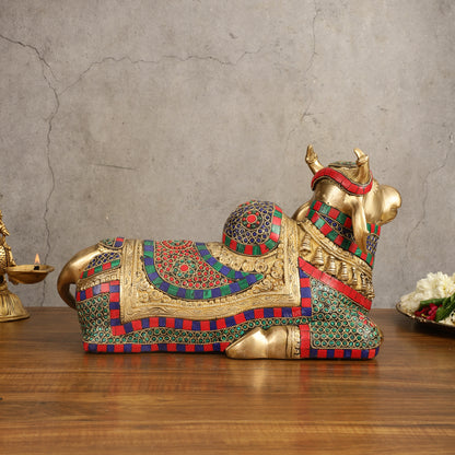 Brass beautiful Nandi Statue with Stonework - 15 inch