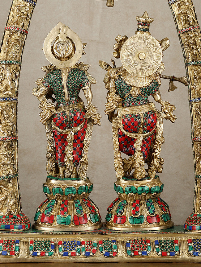 Radha Krishna Idols with Temple Arch Frame - Brass Superfine, Meenakari Stonework, 35"