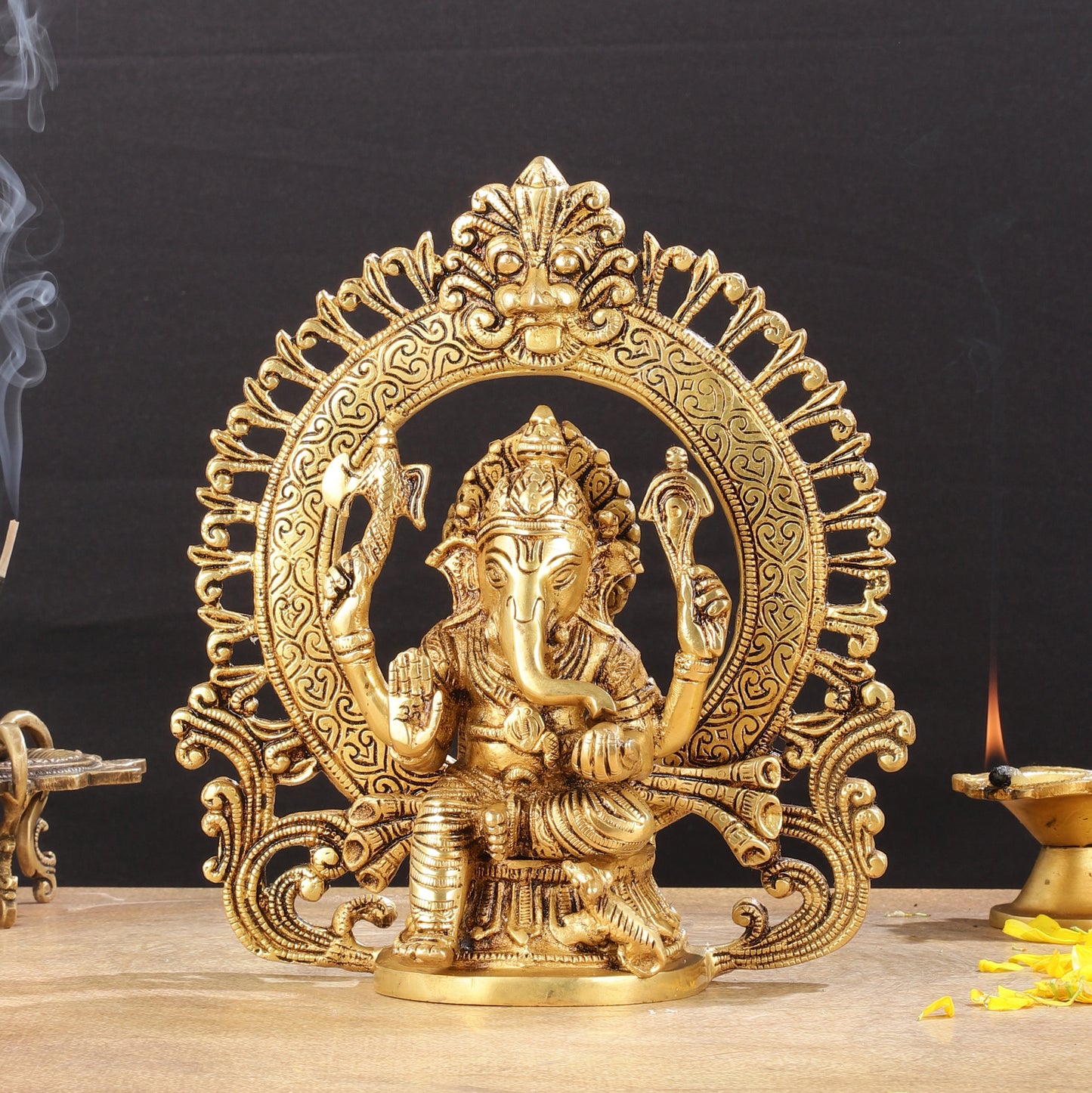 Superfine 9-Inch Brass Lord Ganesha Statue with Arch Prabhavali