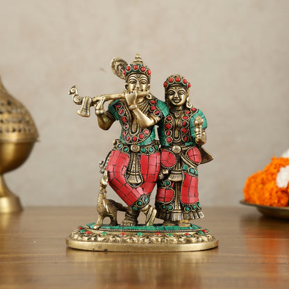 Exquisite Pure Brass Superfine Radha Krishna Idol – 7 inch stonework