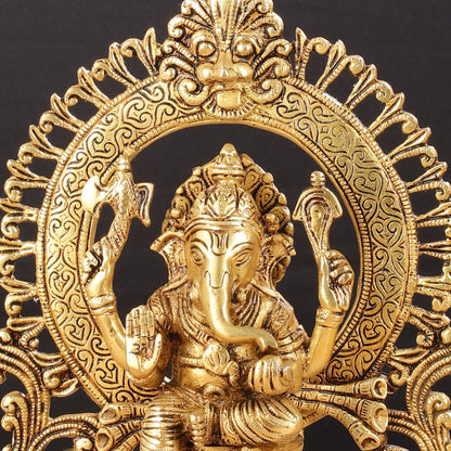 Superfine 9-Inch Brass Lord Ganesha Statue with Arch Prabhavali