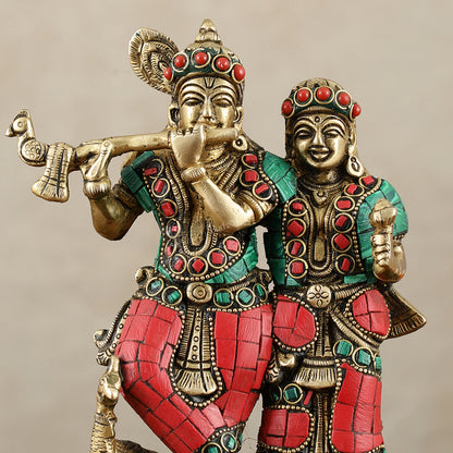 Exquisite Pure Brass Superfine Radha Krishna Idol – 7 inch stonework