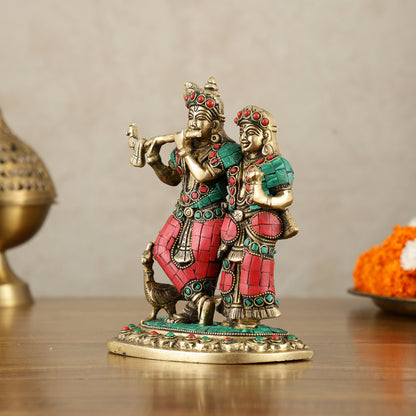 Exquisite Pure Brass Superfine Radha Krishna Idol – 7 inch stonework