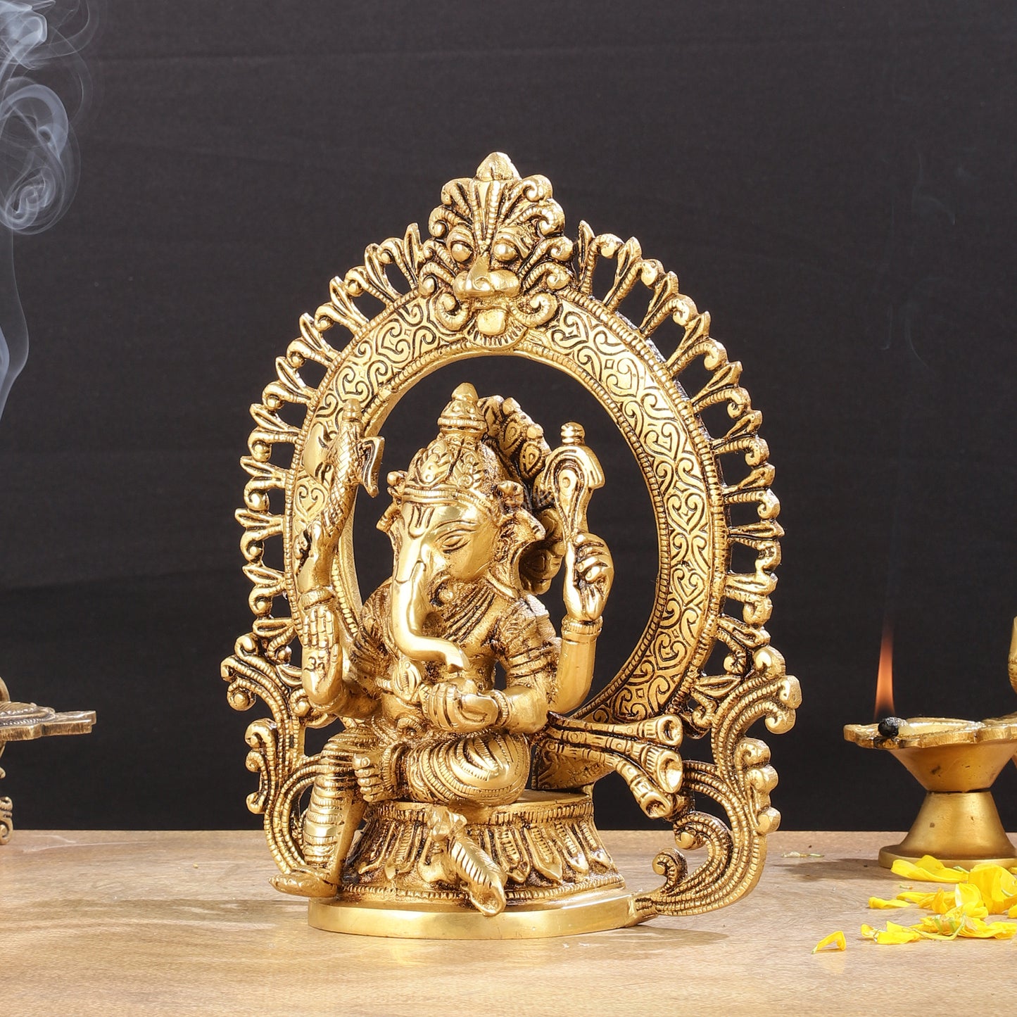 Superfine 9-Inch Brass Lord Ganesha Statue with Arch Prabhavali