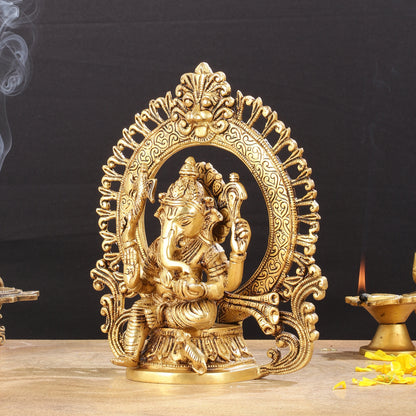 Superfine 9-Inch Brass Lord Ganesha Statue with Arch Prabhavali