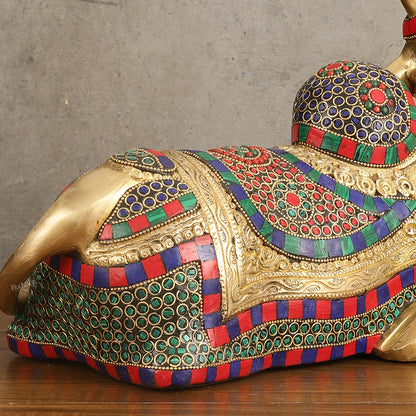 Brass beautiful Nandi Statue with Stonework - 15 inch