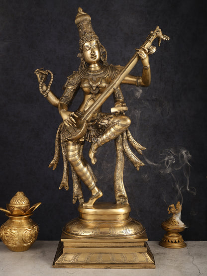 Brass Dancing Saraswati Idol 32"