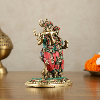 Exquisite Pure Brass Superfine Radha Krishna Idol – 7 inch stonework