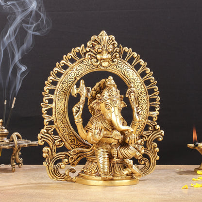 Superfine 9-Inch Brass Lord Ganesha Statue with Arch Prabhavali