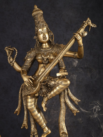 Brass Dancing Saraswati Idol 32"