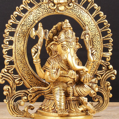 Superfine 9-Inch Brass Lord Ganesha Statue with Arch Prabhavali