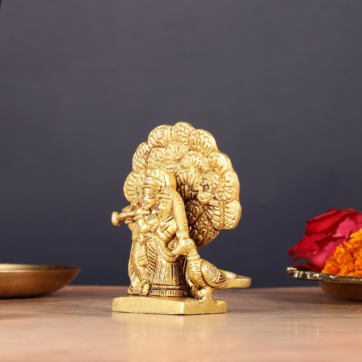 Elegant 3-inch Brass Radha Krishna with Tree and Peacock Idol