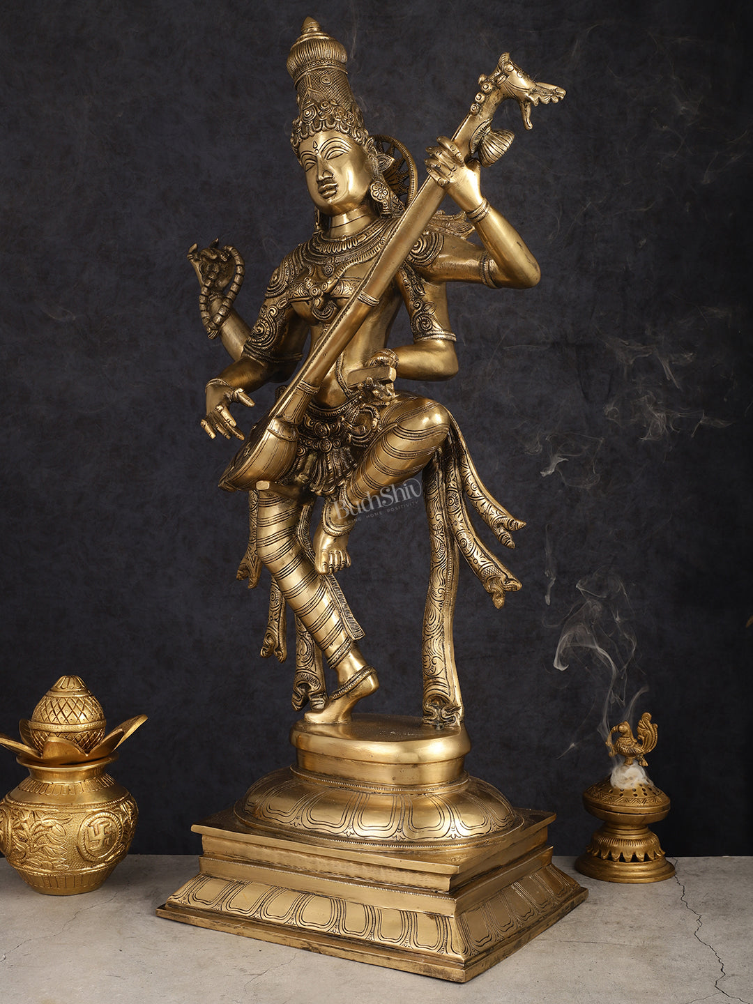 Brass Dancing Saraswati Idol 32"