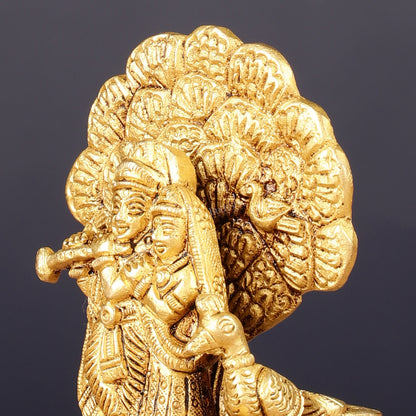 Elegant 3-inch Brass Radha Krishna with Tree and Peacock Idol