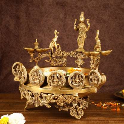Handcrafted Ashtalakshmi Brass Urli with Diyas | Height: 16 Inch