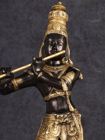 Exquisite Pure Brass Lord Krishna Statue - Black & Gold Finish, 23 Inches