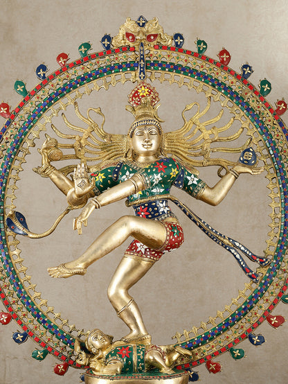 Large Handcrafted Superfine Brass Nataraja Statue by BudhShiv | 36" Tall | With Stonework