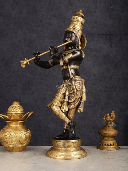 Exquisite Pure Brass Lord Krishna Statue - Black & Gold Finish, 23 Inches