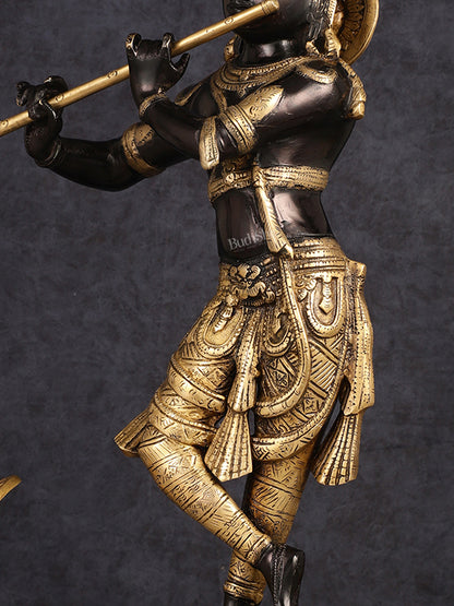 Exquisite Pure Brass Lord Krishna Statue - Black & Gold Finish, 23 Inches