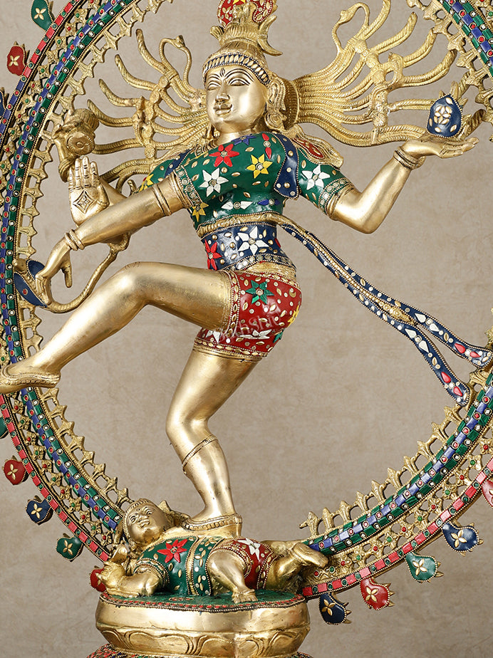 Large Handcrafted Superfine Brass Nataraja Statue by BudhShiv | 36" Tall | With Stonework