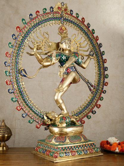 Large Handcrafted Superfine Brass Nataraja Statue by BudhShiv | 36" Tall | With Stonework