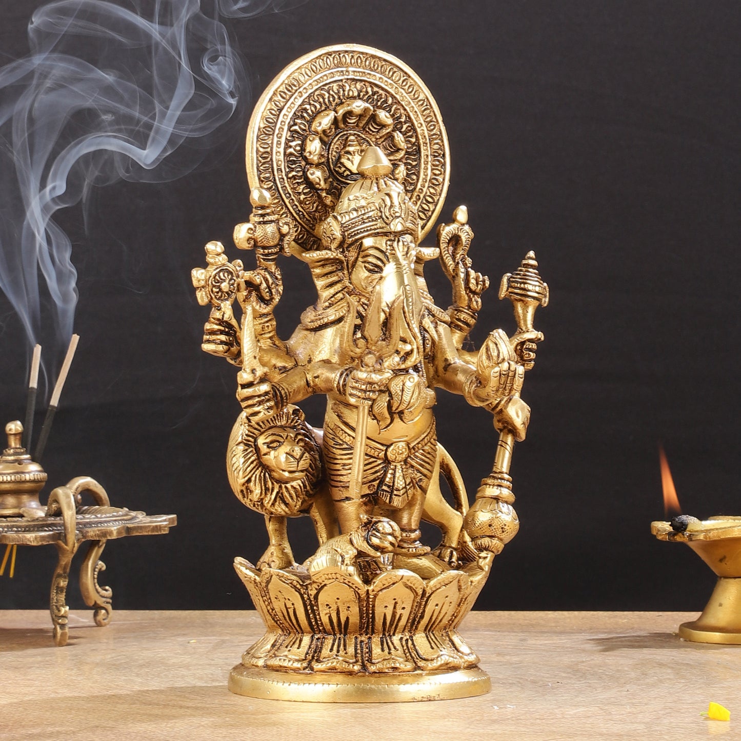 Superfine 8-Inch Brass Kanadrishti Ganesha with Lion Idol