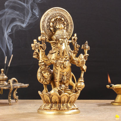 Superfine 8-Inch Brass Kanadrishti Ganesha with Lion Idol