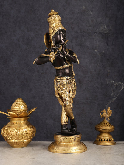 Exquisite Pure Brass Lord Krishna Statue - Black & Gold Finish, 23 Inches