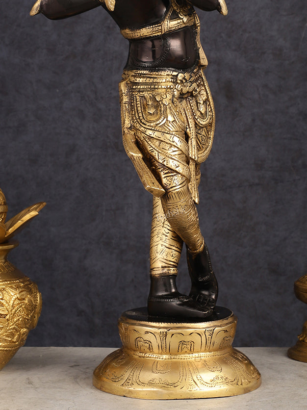 Exquisite Pure Brass Lord Krishna Statue - Black & Gold Finish, 23 Inches